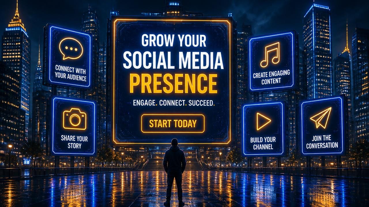 Hyper-Personalization: The AI Shift Explained. Neon digital billboard reading "Grow Your Social Media Presence" with icons for audience engagement, content creation, and community building.