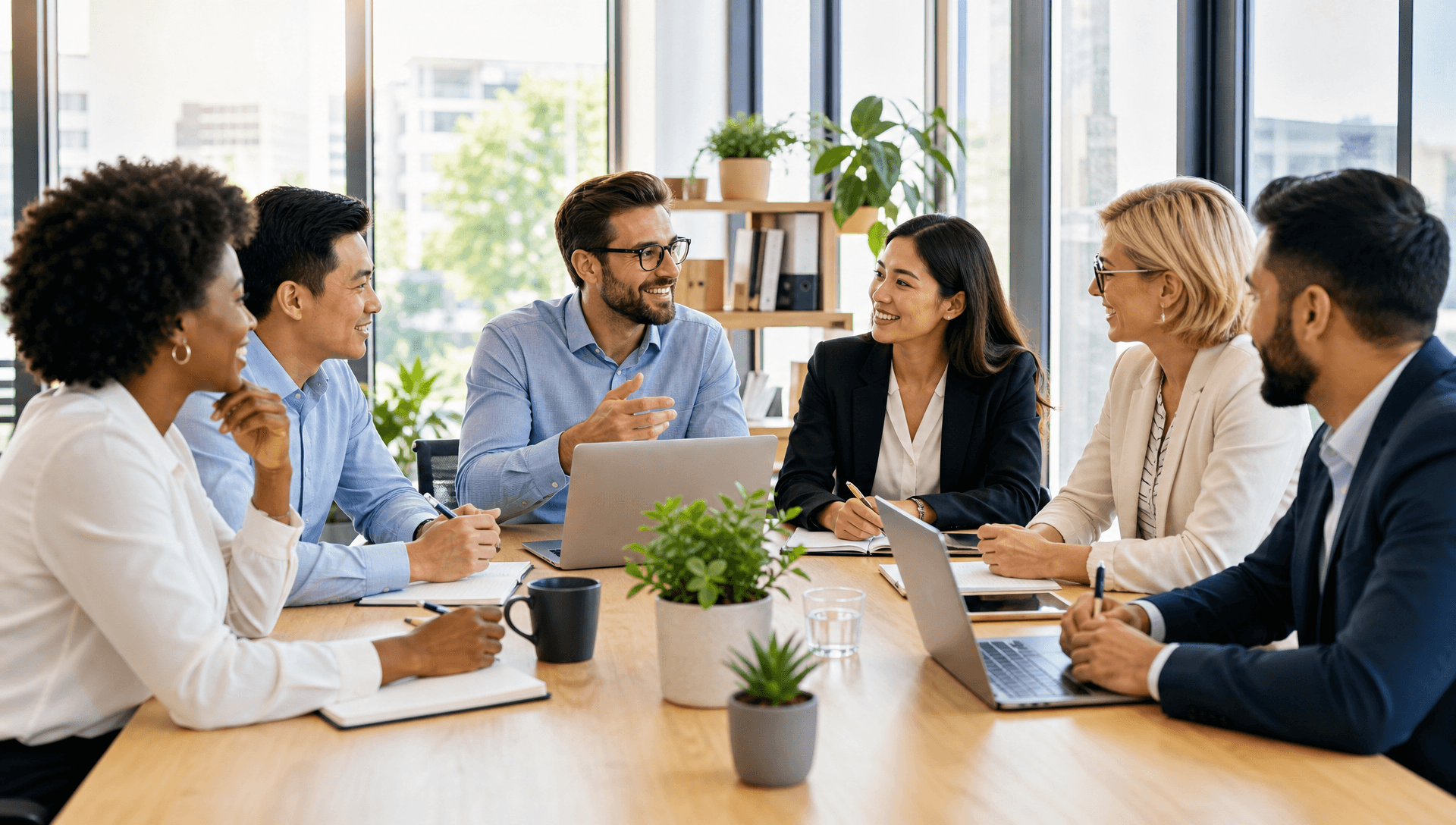 Group of six professionals of diverse backgrounds around a wooden conference table, smiling and discussing with laptops and notebooks in a bright office setting.