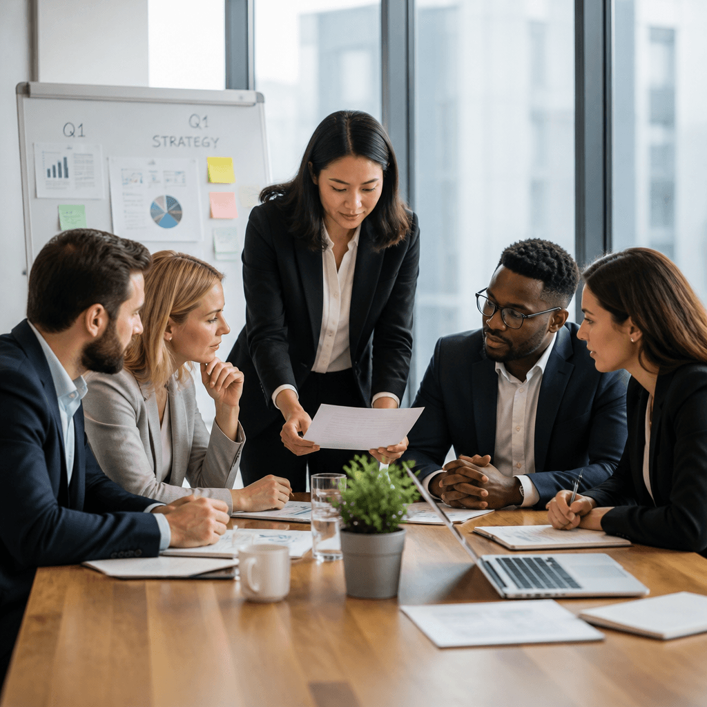 Team of five discussing quarterly strategy at a conference table, one person standing and presenting